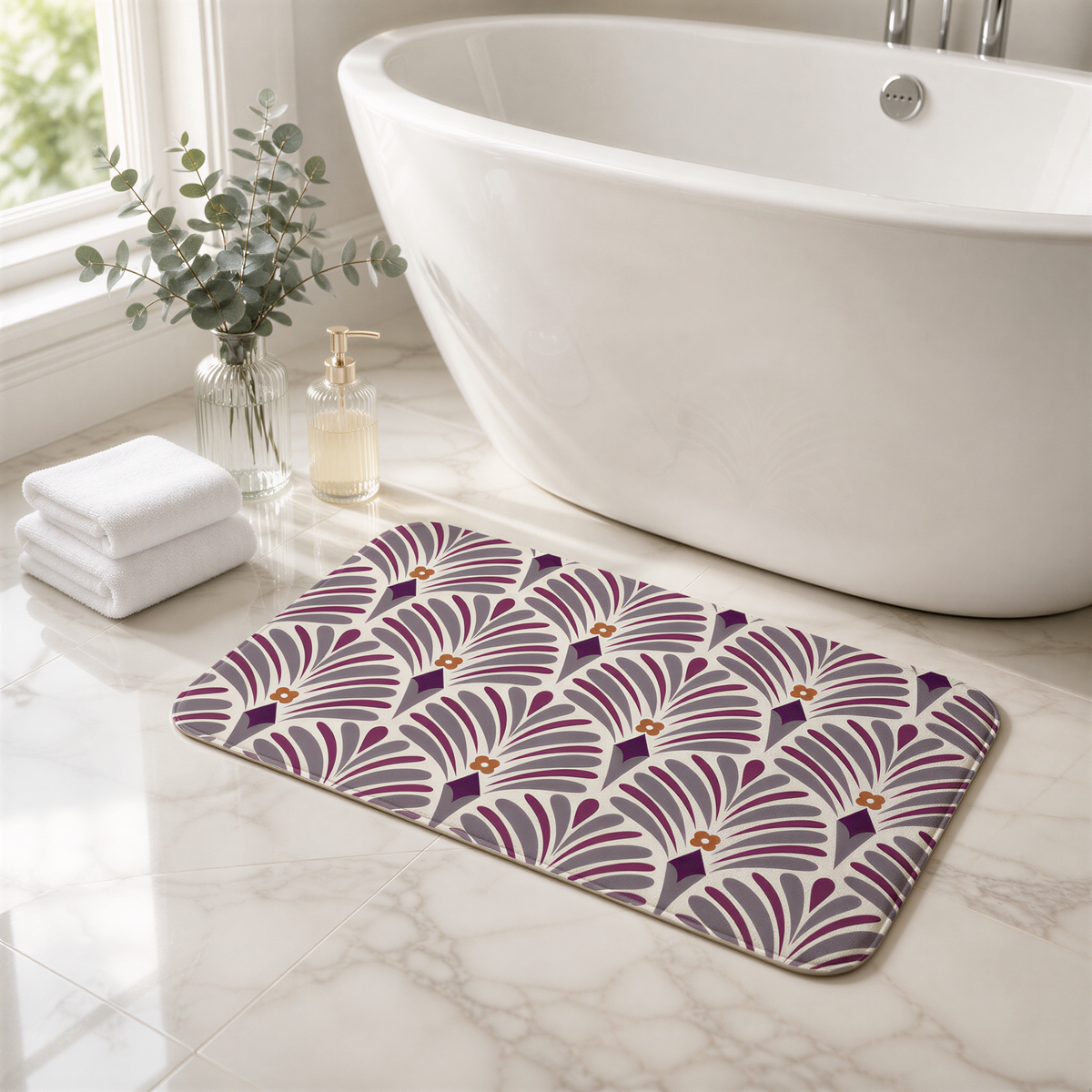 a bathroom with a white bathtub, a decorative bath mat with a purple and white pattern, and a vase of greenery on the windowsill.