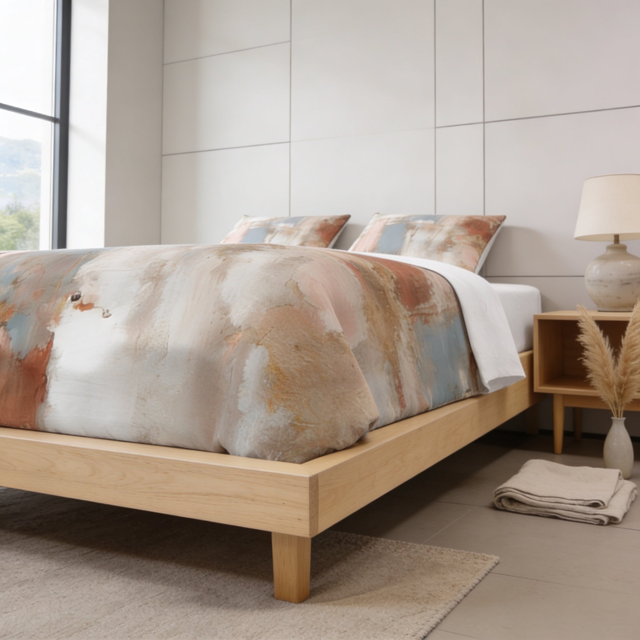 a modern bedroom with a wooden bed frame, a colorful abstract comforter, and a nightstand with a lamp.