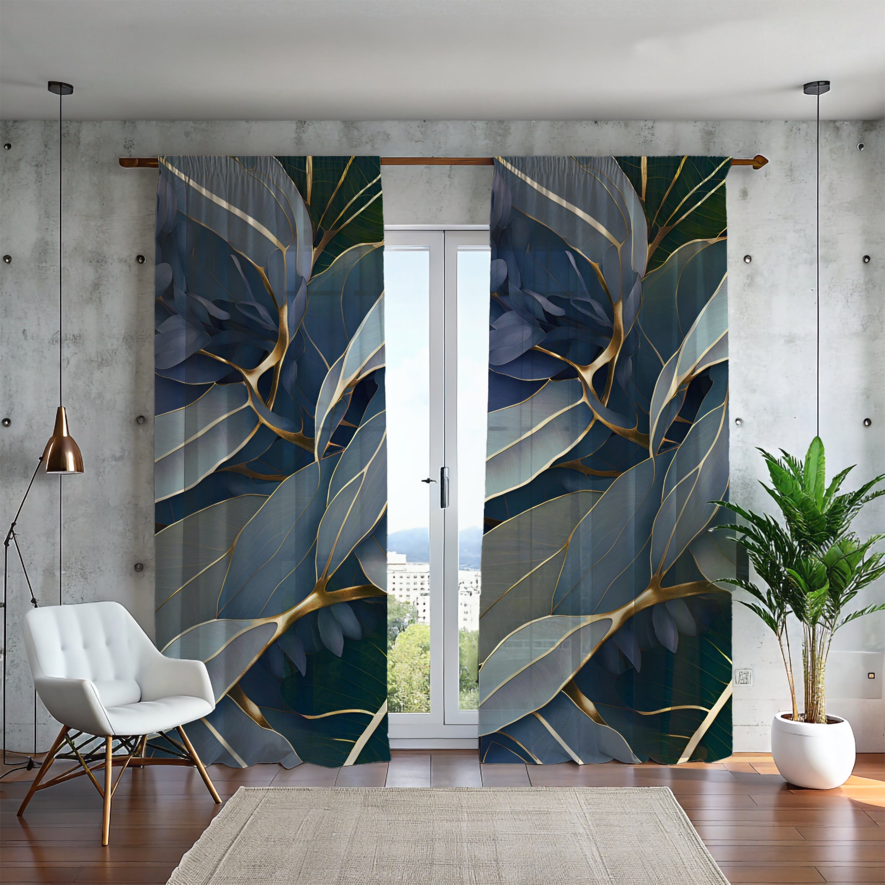 a living room with a large window covered in curtains