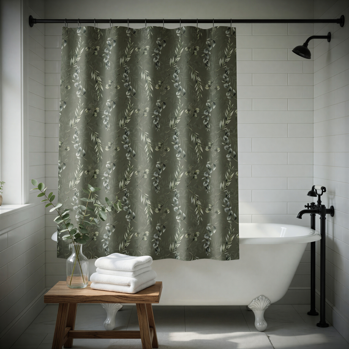 a bathroom with a white claw-foot bathtub, a wooden stool, and a green shower curtain with a floral pattern.