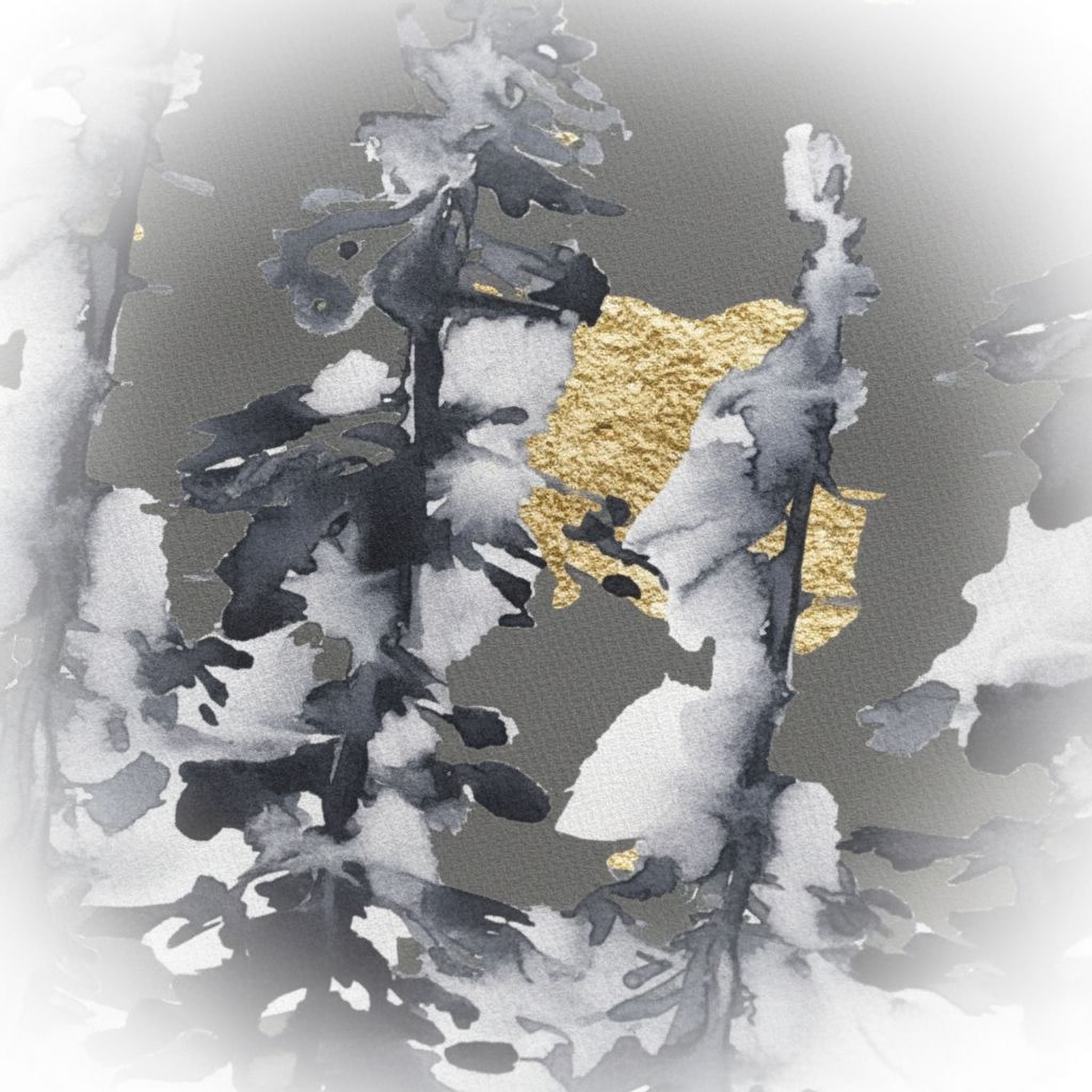 The image is a digital art piece featuring abstract, stylized trees with a golden leaf in the center, set against a gray background.
