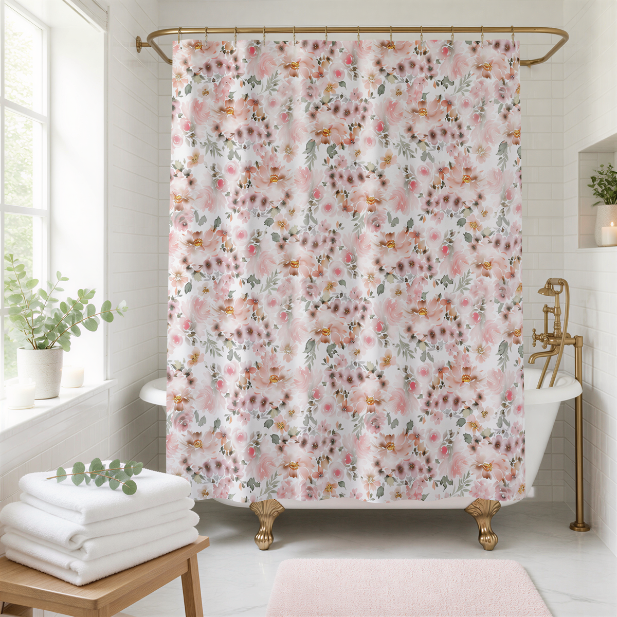 A bathroom with a white bathtub, a floral shower curtain, and a wooden bench. The shower curtain has a pink and white floral pattern.