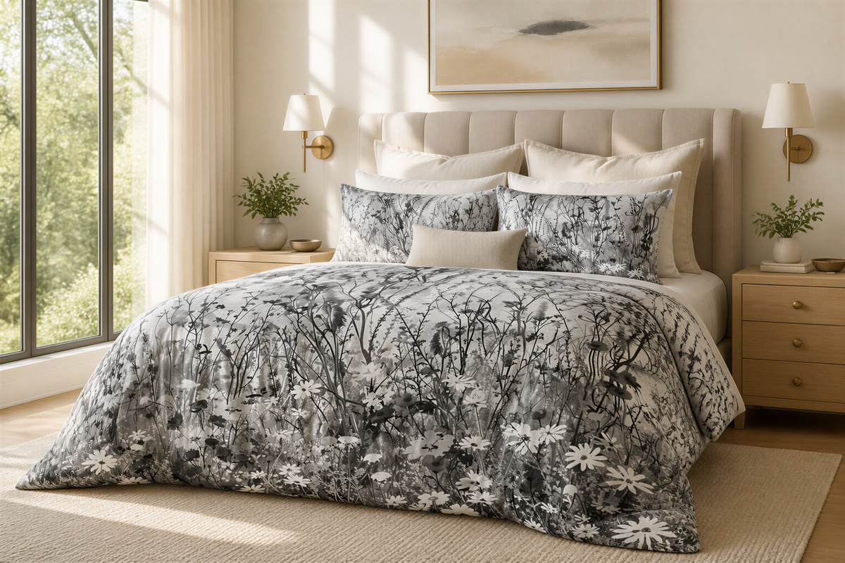 a bedroom with a large bed, a window, and a painting on the wall. The bed is covered in a gray and white floral comforter and has several pillows. The room has a neutral color scheme with beige walls and a wooden floor.