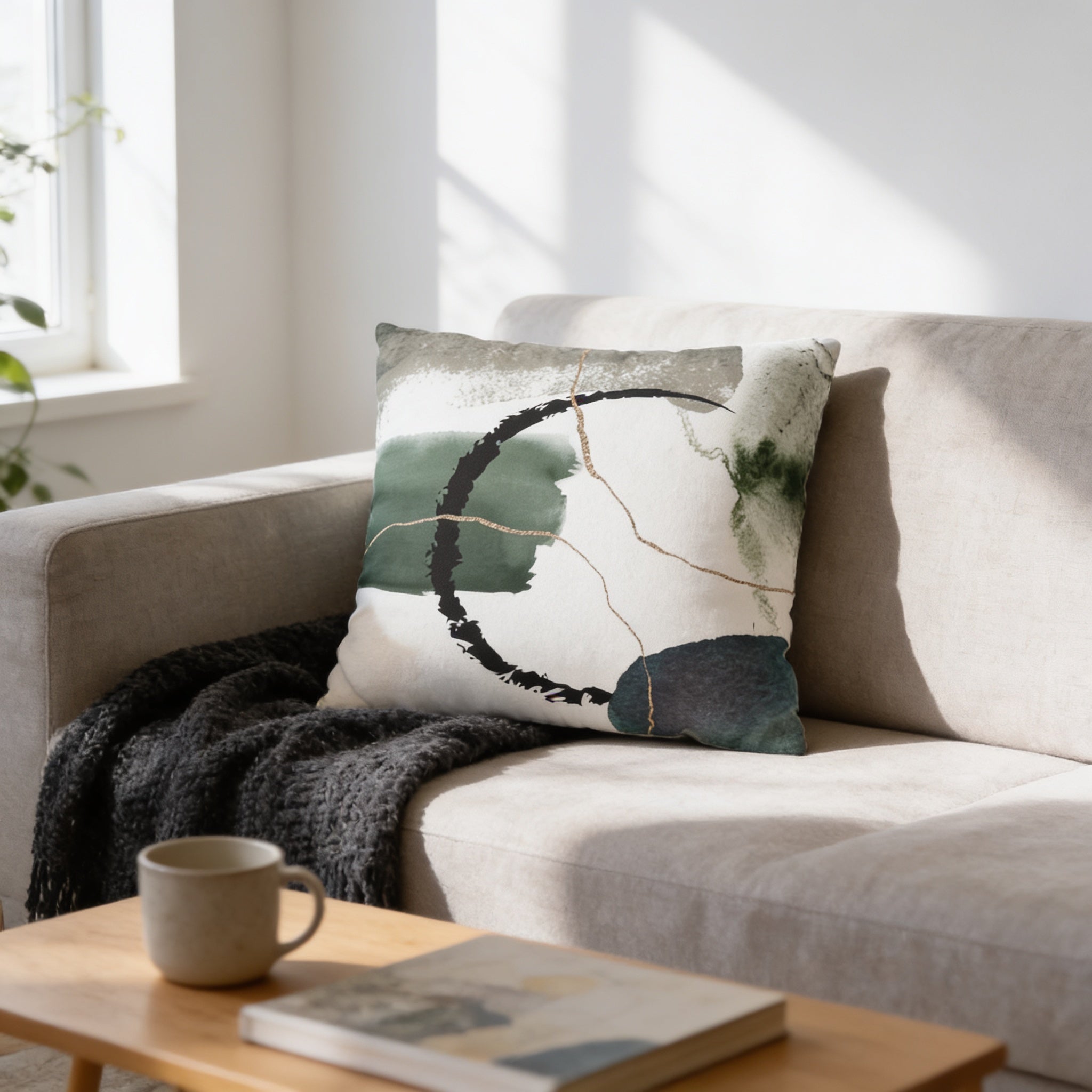 a cozy living room with a beige sofa, a coffee table, and a decorative throw pillow with an abstract design.
