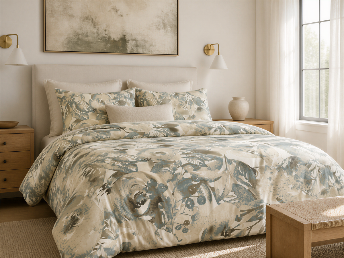 a well-decorated bedroom with a large bed, a wooden nightstand, and a large window. The bed is covered in a floral comforter and has matching pillows. The room has a neutral color scheme with white walls and a beige carpet.