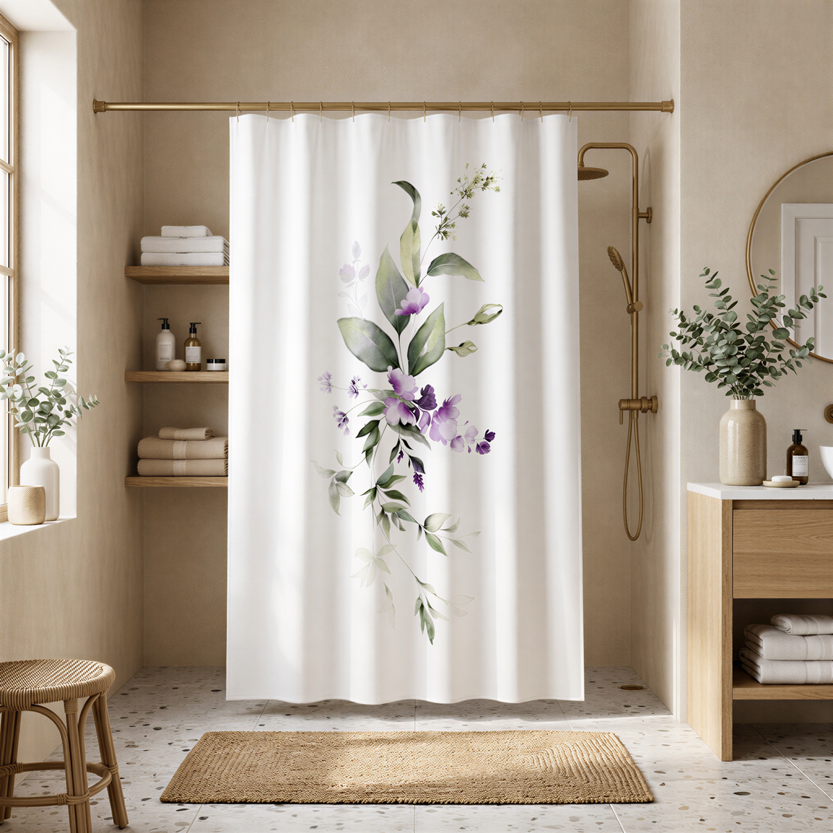 a bathroom with a shower curtain featuring a floral design, a wooden vanity, and various decorative elements such as potted plants and vases.
