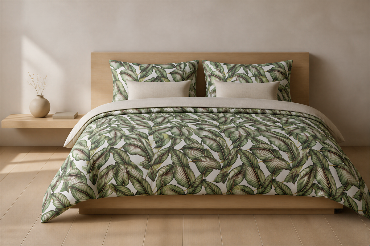 a bedroom with a bed adorned with a green leaf patterned comforter and pillows. The bed is positioned against a wall, and there is a wooden nightstand next to it. The room has a minimalist and modern design, with a vase and a book on the nightstand adding a touch of personalization to the space.