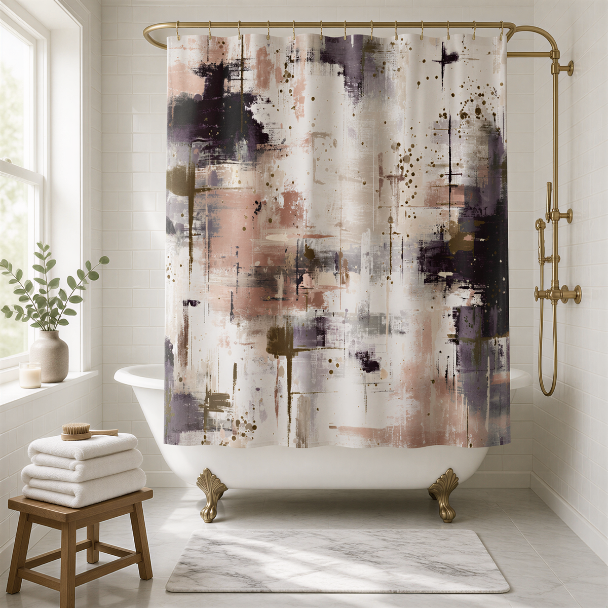 a bathroom with a white bathtub, a shower curtain with abstract art, a wooden stool, and a potted plant.