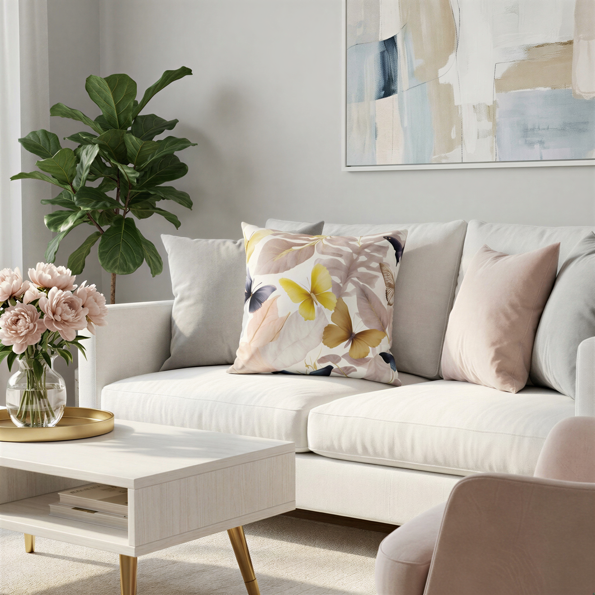 a cozy living room with a white sofa adorned with colorful pillows, a white coffee table, and a vase of pink flowers. The room is decorated with a large abstract painting on the wall and a potted plant, creating a warm and inviting atmosphere.