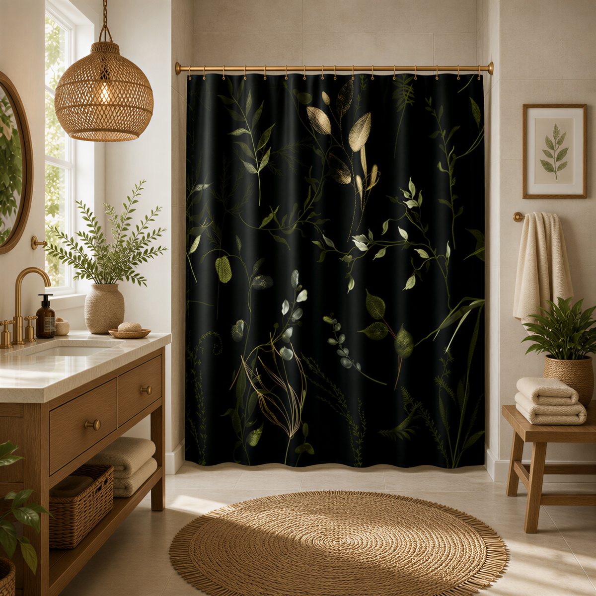 a bathroom with a large black curtain featuring a floral pattern, a wooden vanity with a sink, a hanging light fixture, and a round rug on the floor.