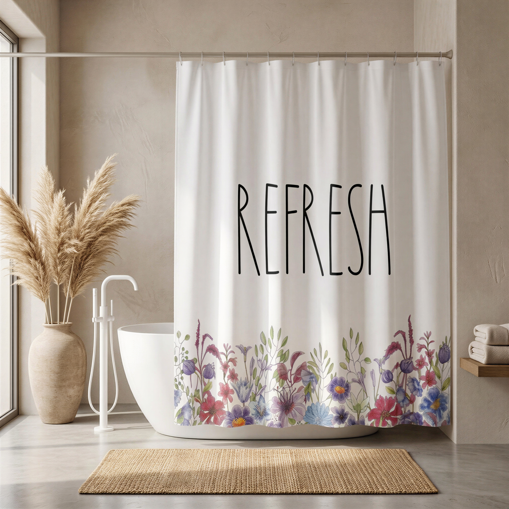 a bathroom with a white bathtub, a shower curtain with a floral design, and a potted plant. The shower curtain has the word "REFRESH" written on it in bold black letters.
