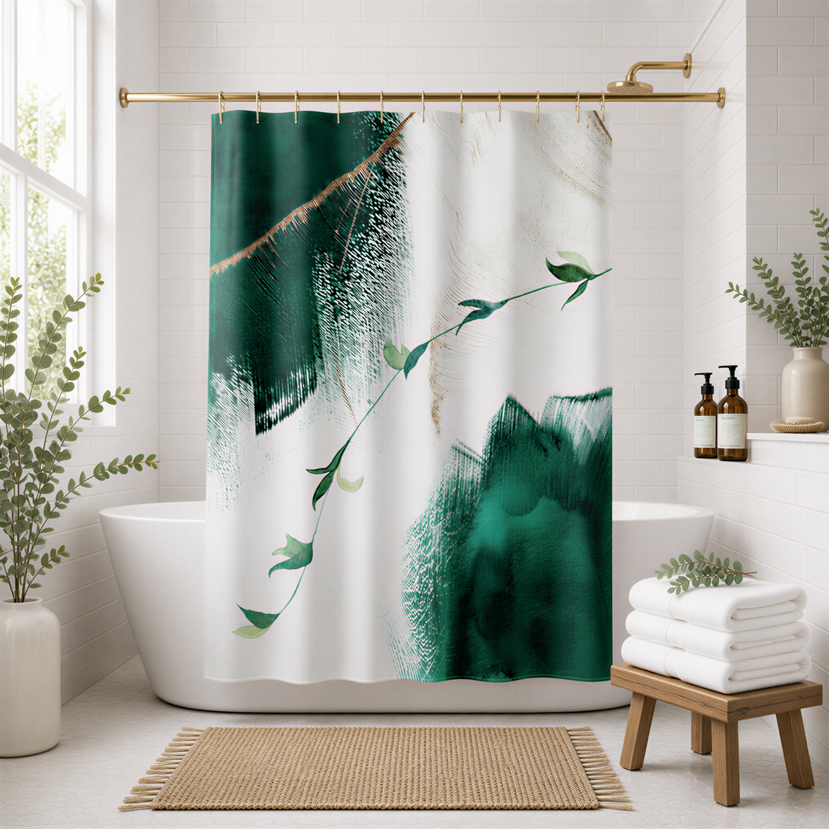 a bathroom with a white bathtub, a shower curtain with a green and white abstract design, and a wooden stool. There are also some plants and decorative items in the bathroom, creating a cozy and natural atmosphere.
