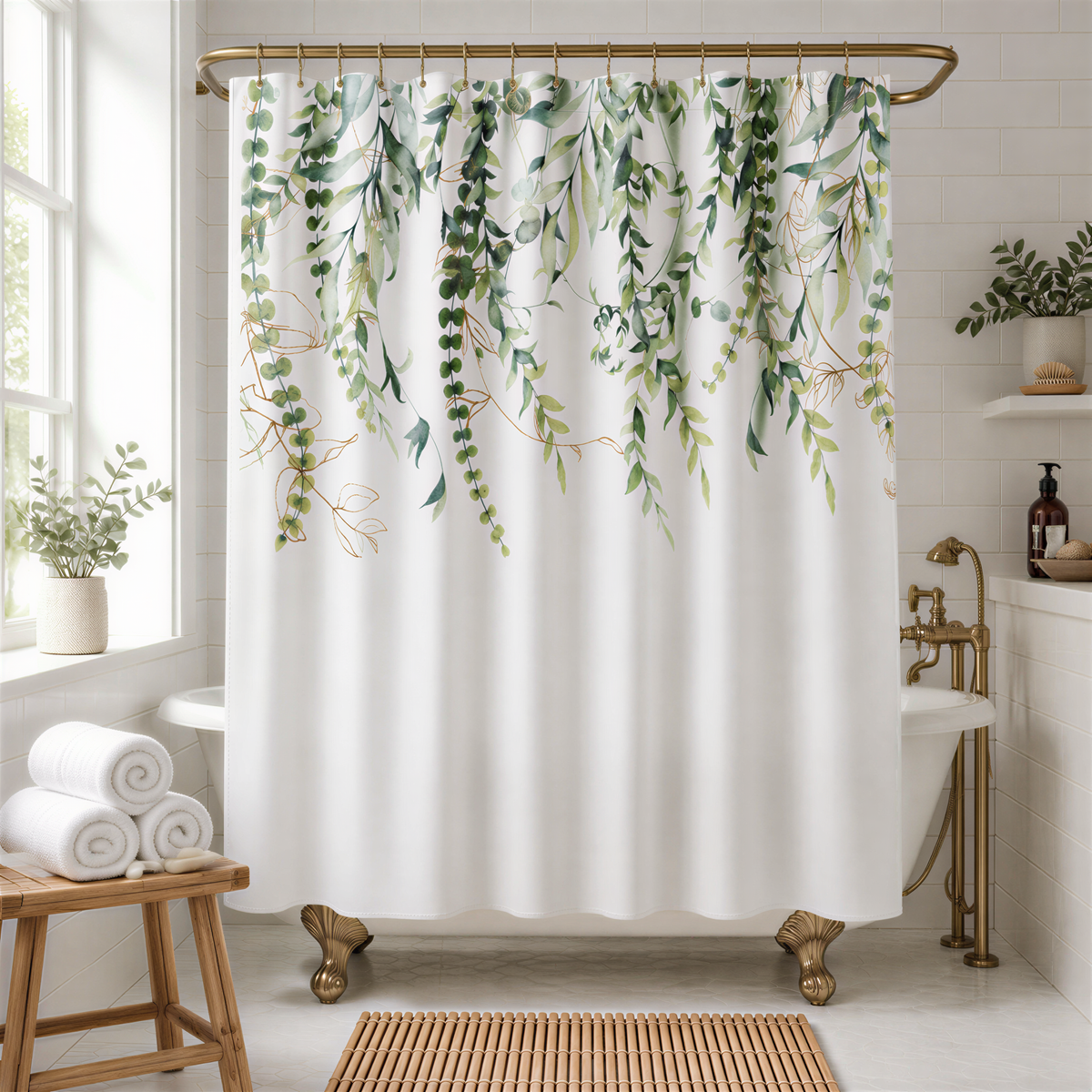 a bathroom with a white shower curtain adorned with a green and gold leafy pattern. The curtain is hanging from a gold rod, and there are two potted plants in the room, one on the left side and another on the right side. The bathroom also includes a wooden stool and a white bathtub, creating a cozy and inviting atmosphere.