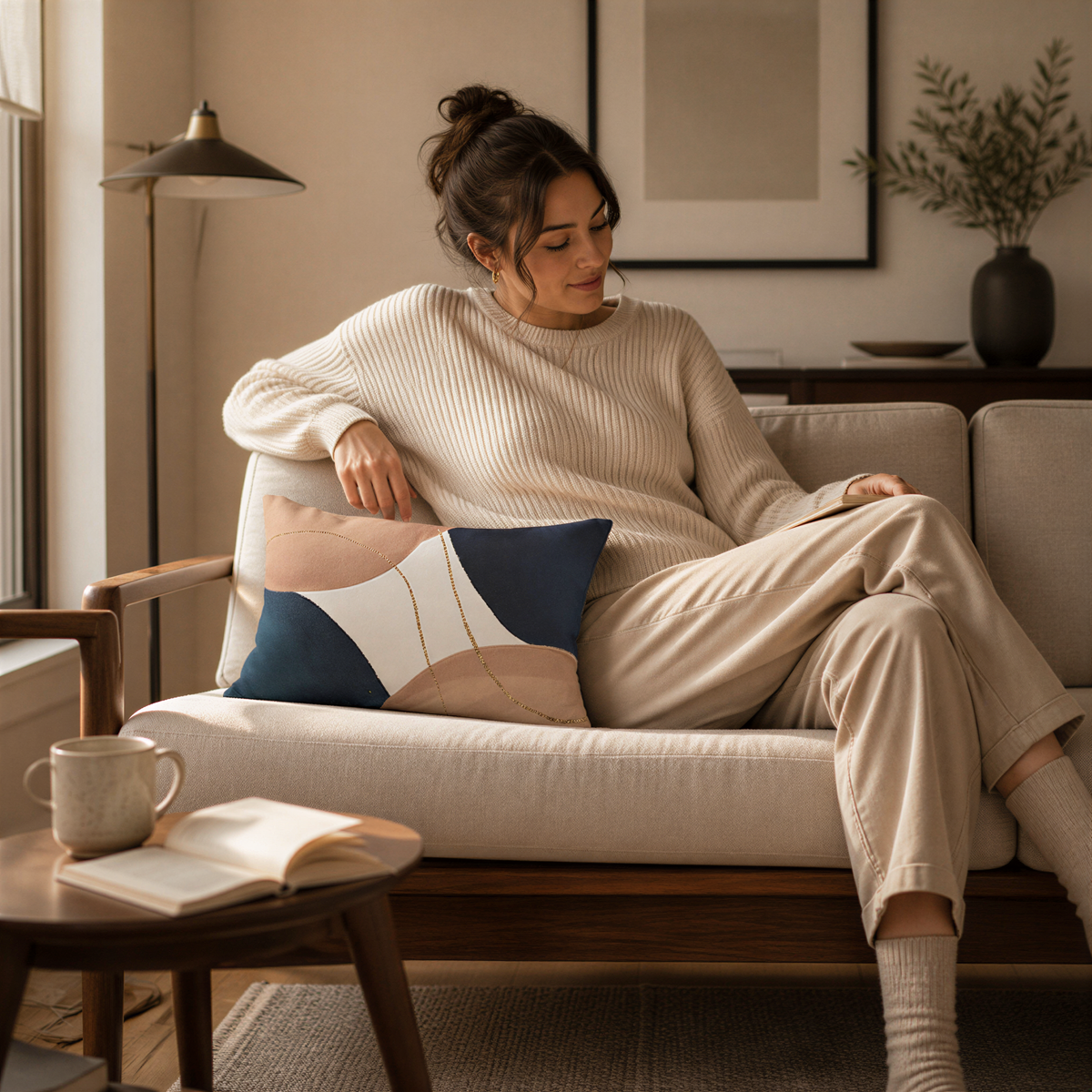 A woman sits comfortably on a couch, wearing a beige sweater and beige pants, with a blue and white pillow on her lap. She is looking down at a book in her hands. In the background, there is a lamp and a plant, adding to the cozy atmosphere of the room.