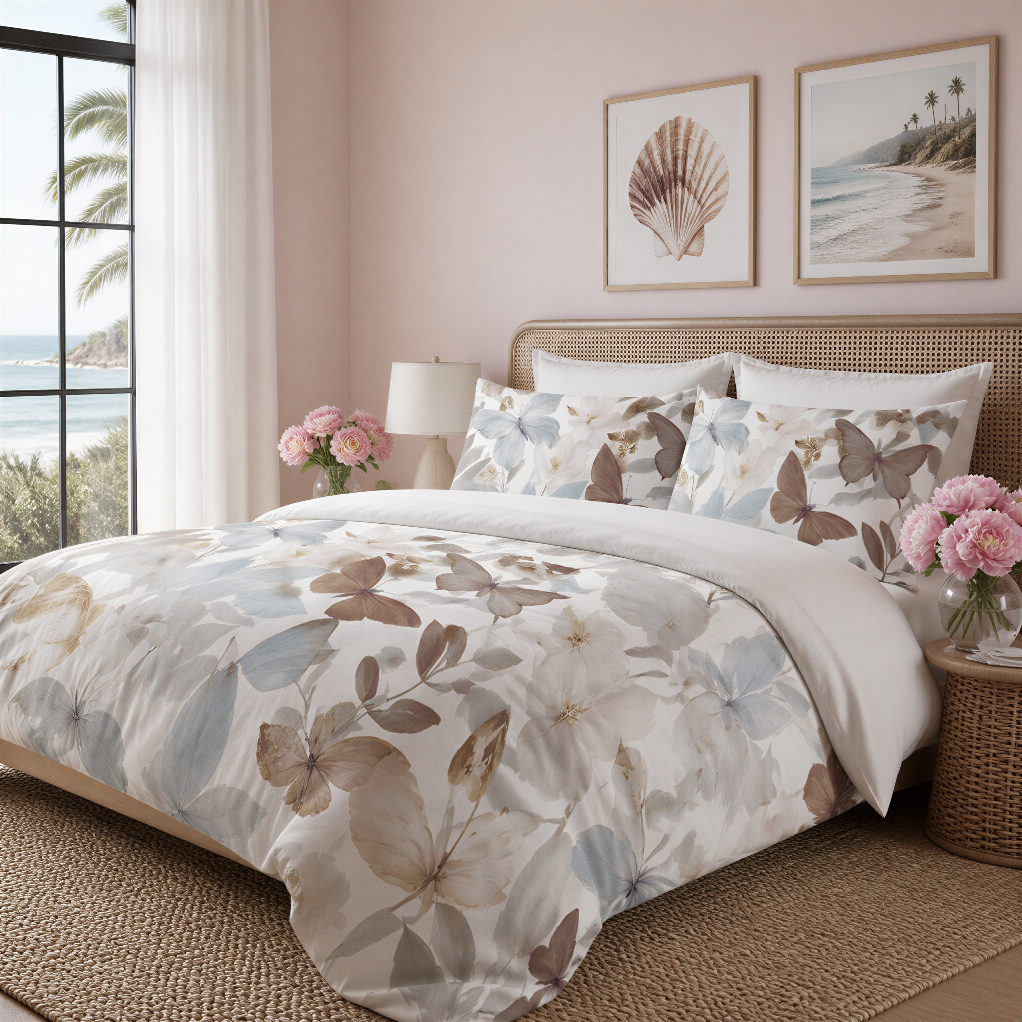 a serene bedroom with a large bed adorned with a floral comforter and pillows. The bed is positioned next to a window, offering a view of the ocean. The room is decorated with framed pictures of a seashell and a palm tree, adding a coastal touch to the space. The overall color scheme of the room is a soothing blend of pink and white, creating a warm and inviting atmosphere.