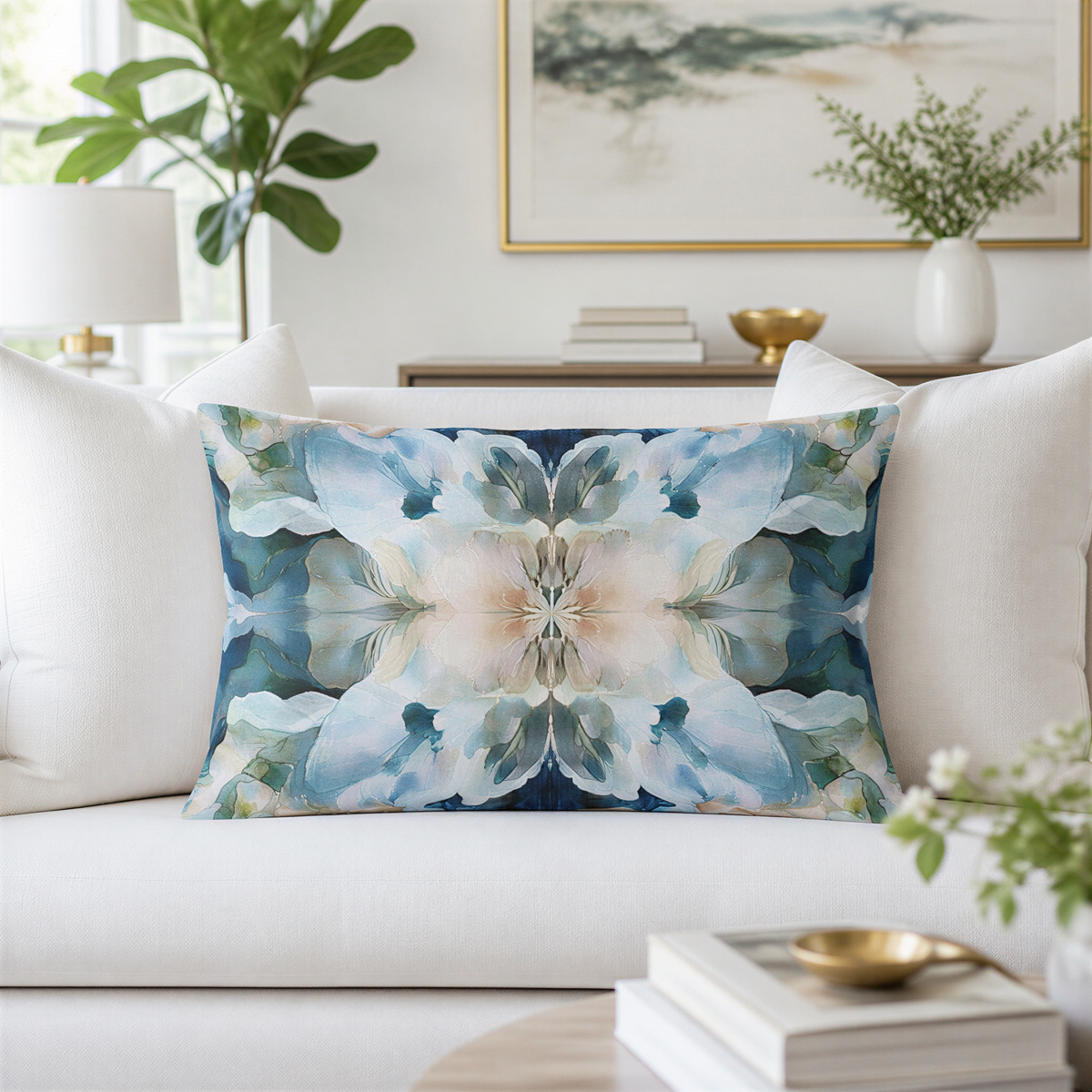 a living room with a white sofa, a decorative pillow with a floral pattern, and various decorative elements such as a potted plant, a vase, and a framed picture on the wall.