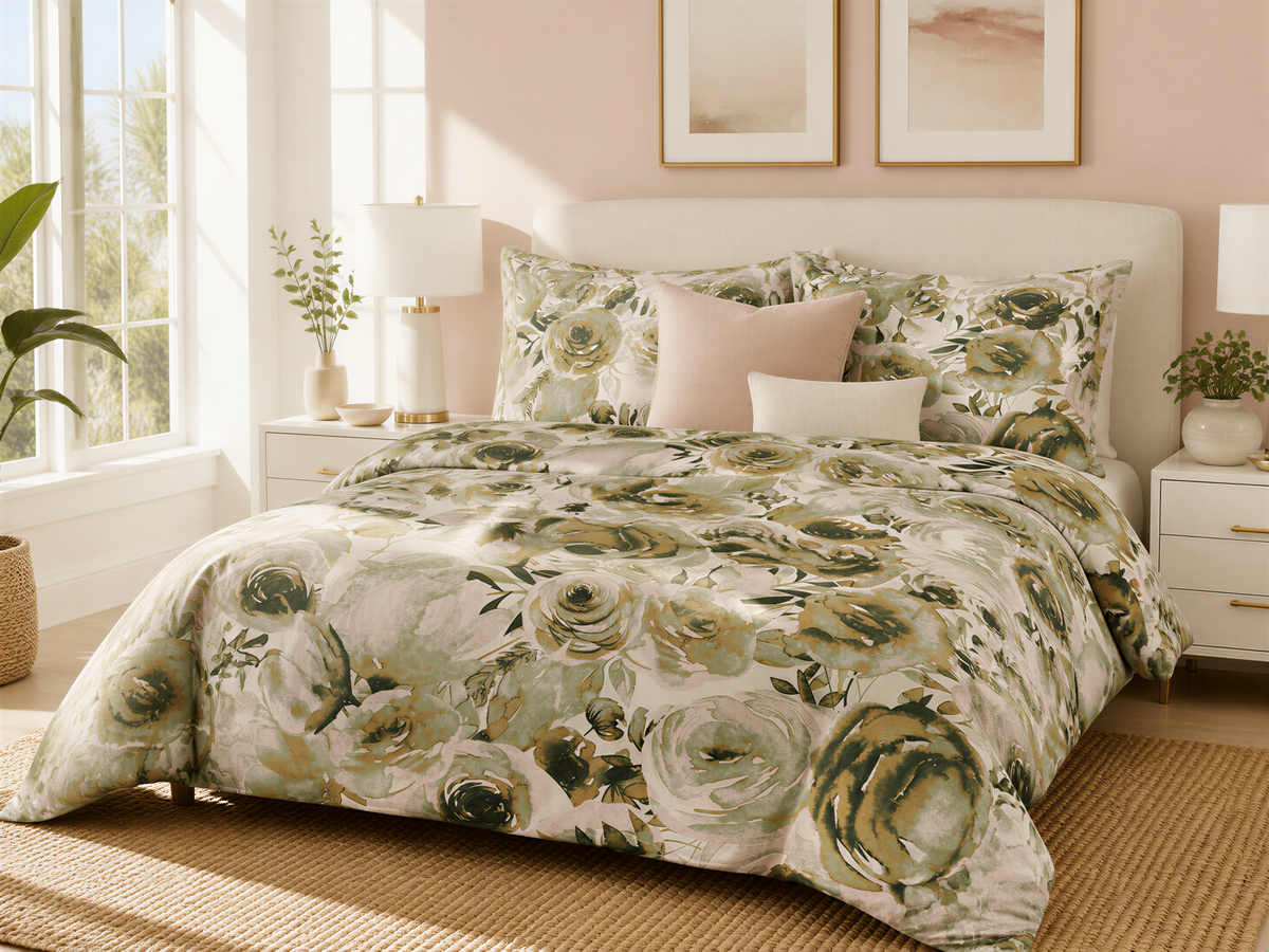 a bedroom with a large bed covered in a floral print comforter and pillows. The bed is positioned in front of a window, allowing natural light to fill the room. The walls are painted a light pink color, and there are two framed pictures hanging above the bed. The room also features a nightstand and a rug on the floor.