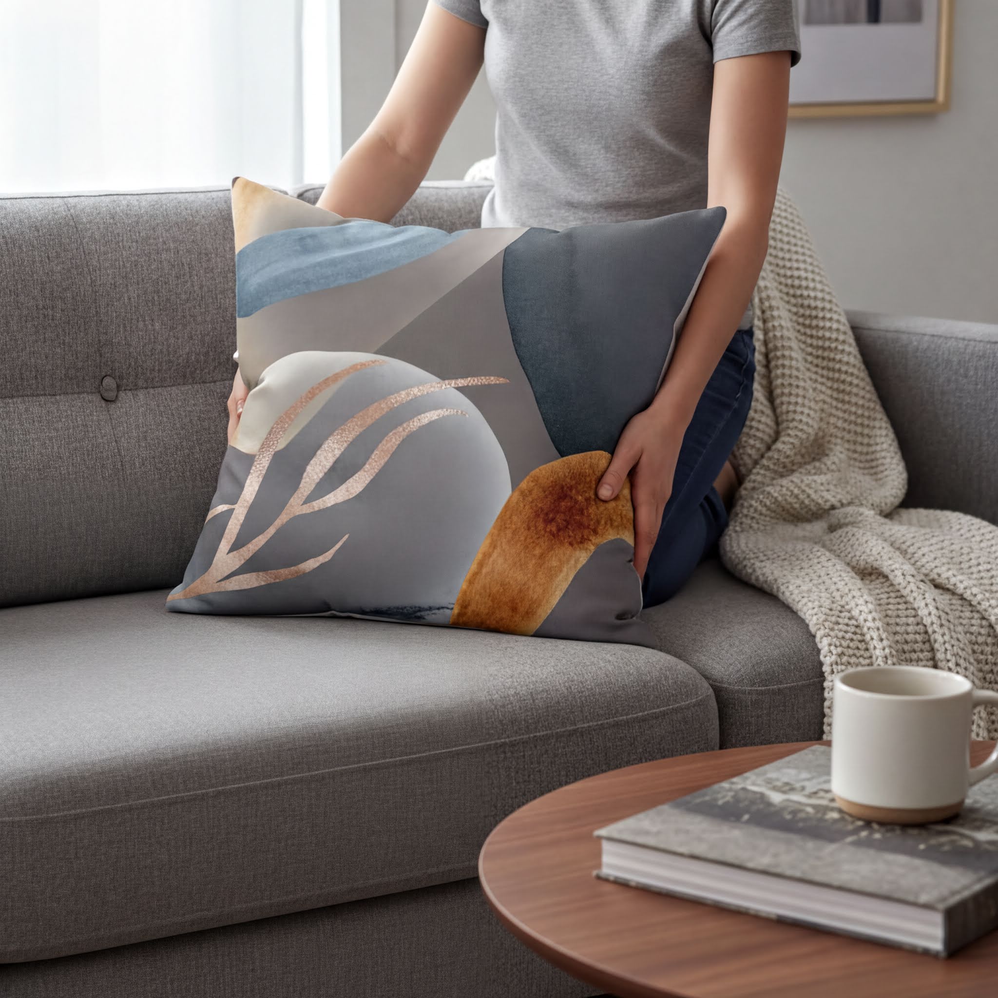 A person is sitting on a gray couch, holding a pillow with a colorful abstract design.