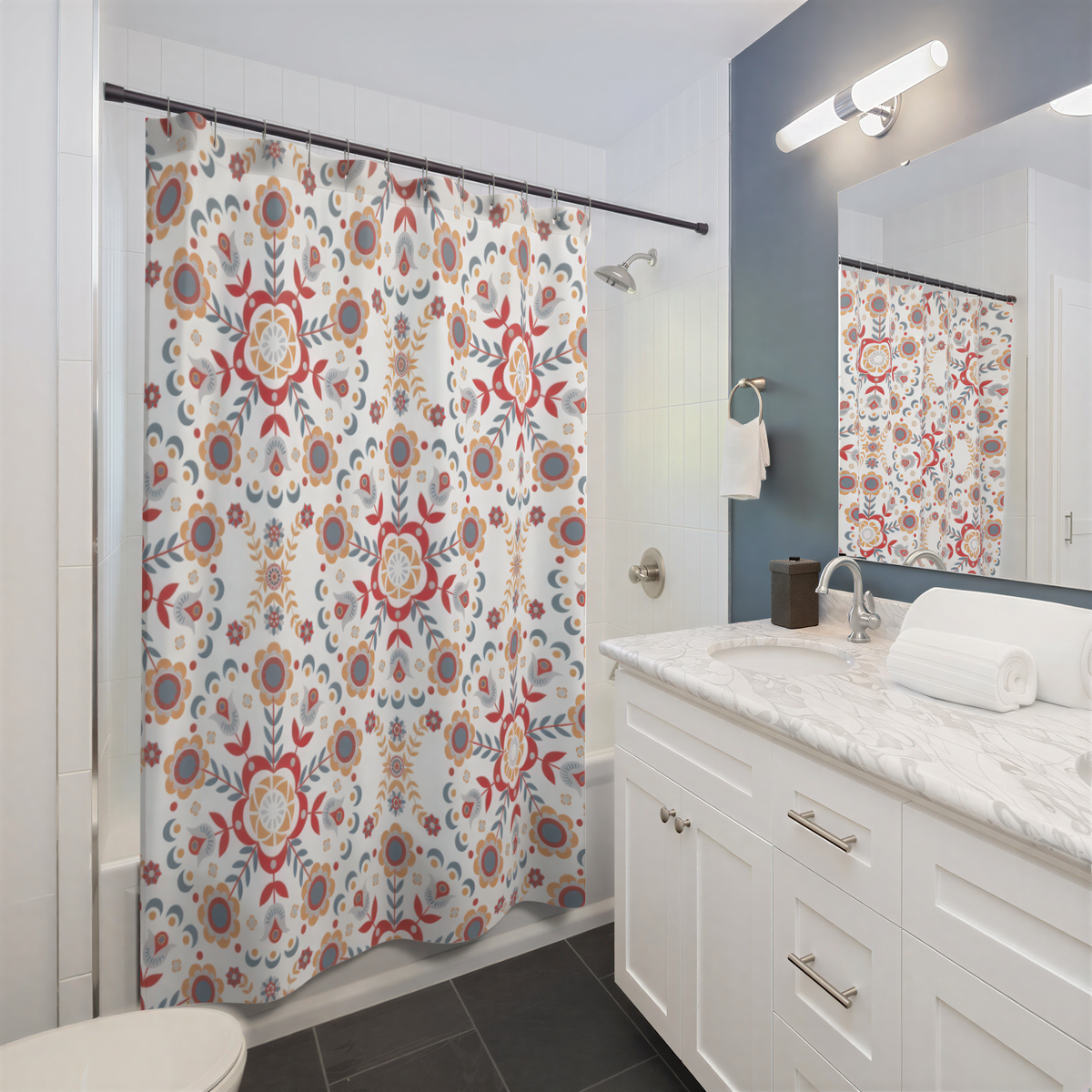 Christmas Shower Curtain Beige Red White Nordic Floral Patterns hanging in a bathroom