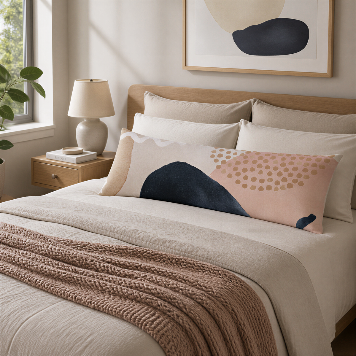 a cozy and inviting bedroom with a large bed adorned with a long pillow featuring a colorful abstract design. The bed is dressed in a white comforter and a brown throw blanket, creating a warm and comfortable atmosphere. The room also includes a nightstand with a lamp, a framed picture on the wall, and a window providing natural light.