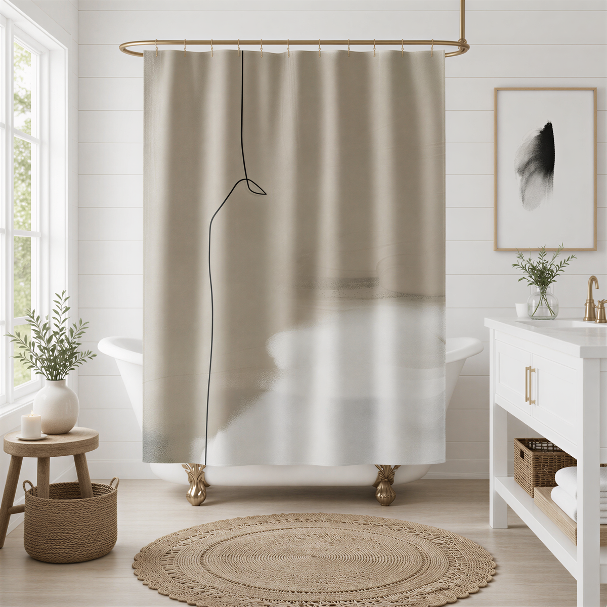 a modern bathroom with a white bathtub, a sink, and a large abstract shower curtain. The bathroom has a minimalist and clean design, with a neutral color palette and a few decorative elements such as a potted plant and a vase.