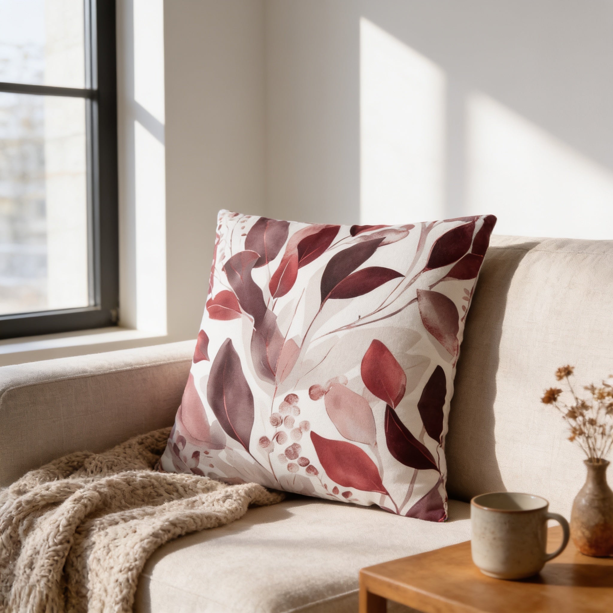 a cozy living room scene with a beige sofa, a decorative throw pillow with a leaf pattern, and a wooden side table with a coffee mug and a vase of dried flowers.