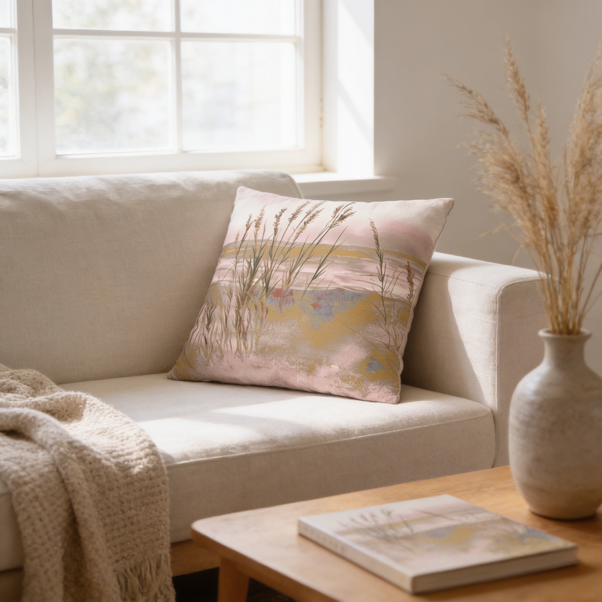 a cozy living room with a white sofa, a decorative pillow with a nature scene, a wooden coffee table, and a vase with dried flowers.