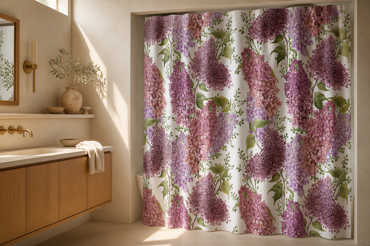 a bathroom with a shower curtain featuring a floral pattern in shades of purple and green. The curtain is hanging from a rod, and there is a wooden cabinet below it. The bathroom also includes a sink and a mirror.