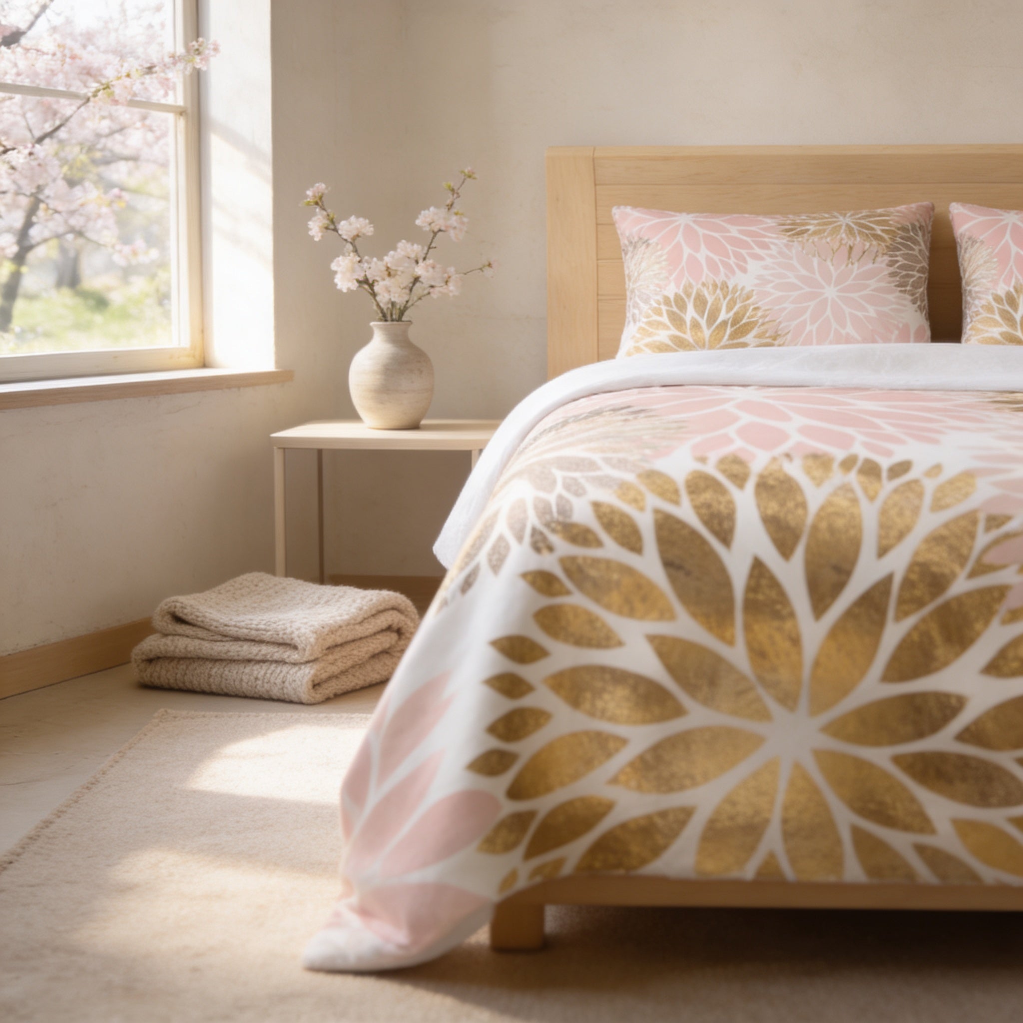 A cozy bedroom with a floral-patterned bedspread, a small table with a vase of flowers, and a folded blanket on the floor.