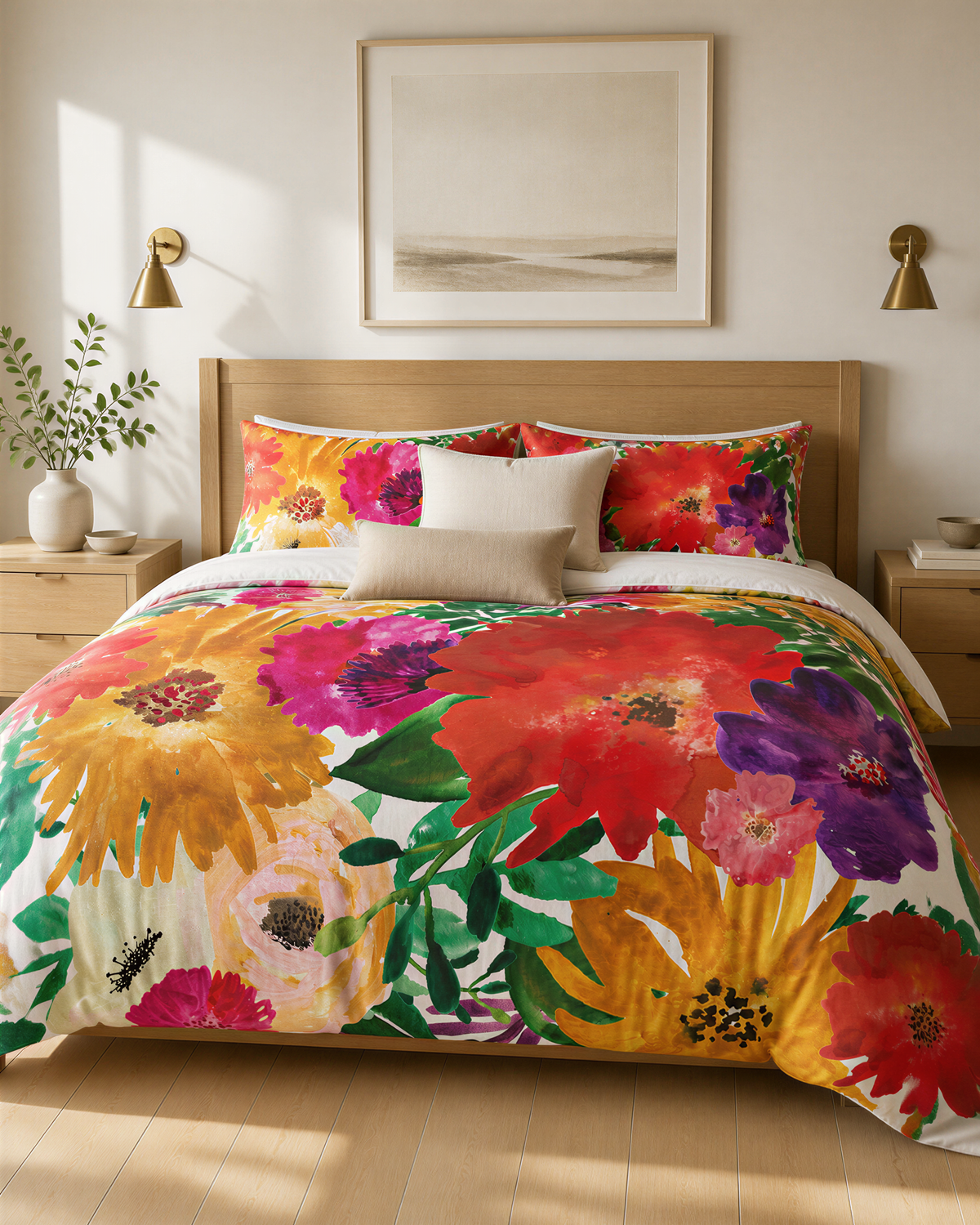 a bedroom with a large bed covered in a colorful floral comforter. The bed is flanked by two nightstands, each with a lamp and a plant. Above the bed, there is a framed picture on the wall.