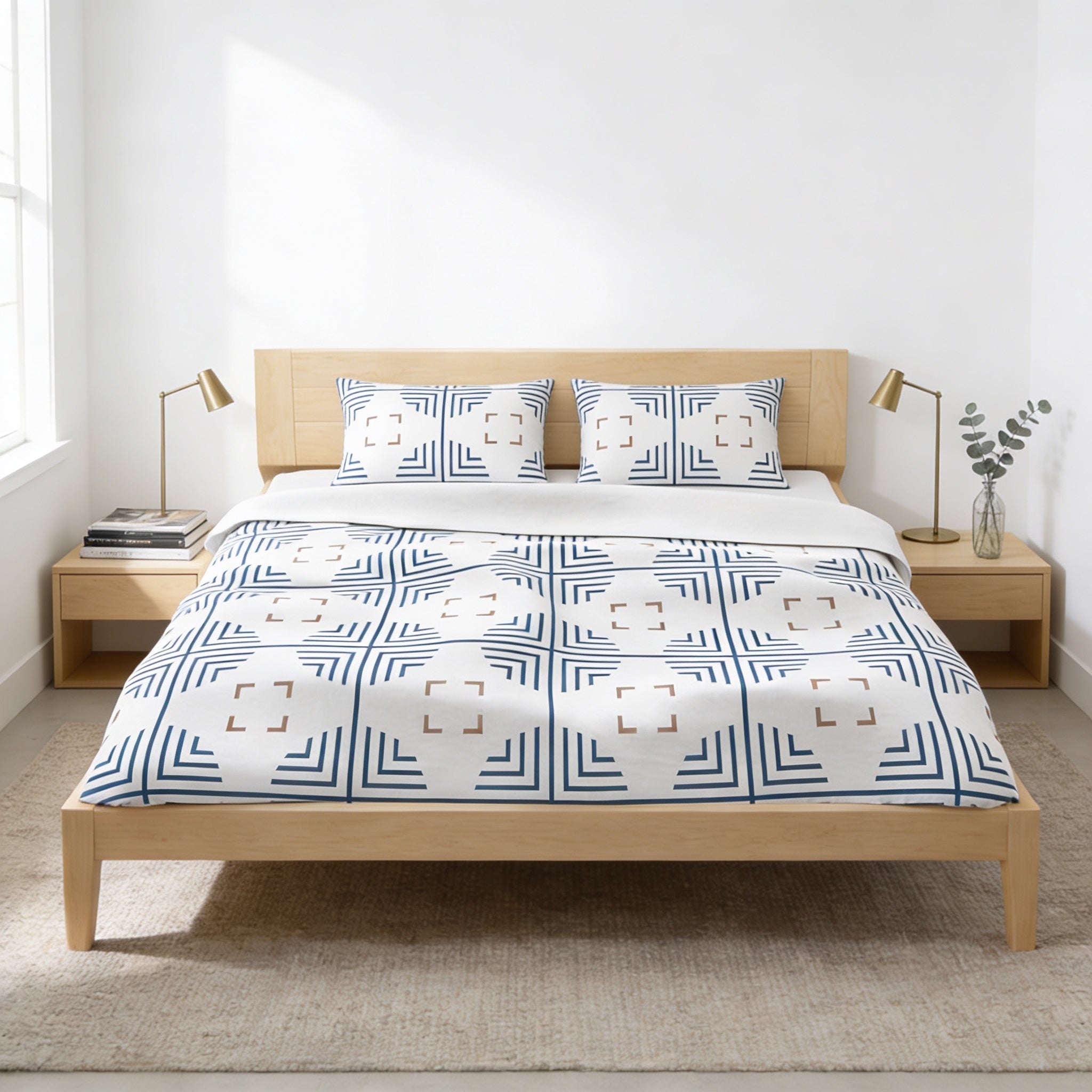 a modern bedroom with a wooden bed frame, a white and blue patterned comforter, and two nightstands with lamps. The room has a minimalist and clean design, with a neutral color palette and a geometric pattern on the bedding.