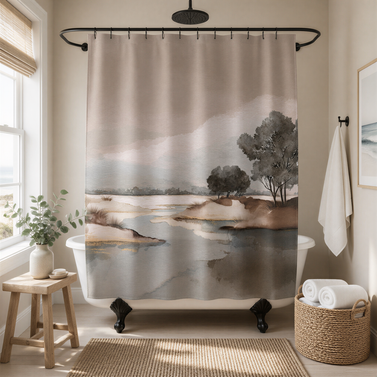 a serene bathroom scene with a white bathtub, a shower curtain featuring a landscape design, and a wooden stool.