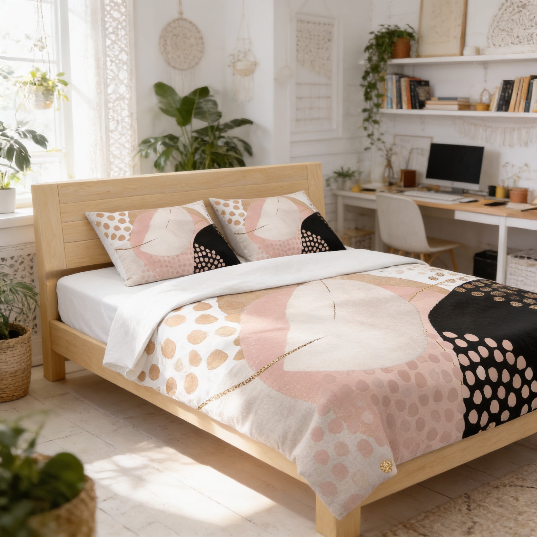 a cozy and well-decorated bedroom with a large bed, a desk, and various plants and decor elements.