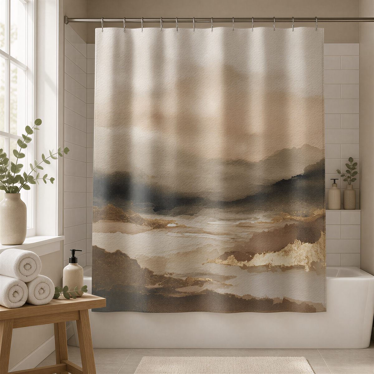 a bathroom with a shower curtain featuring a landscape scene, including mountains and water. The curtain is hanging from a rod, and there is a wooden stool and a plant in the room.