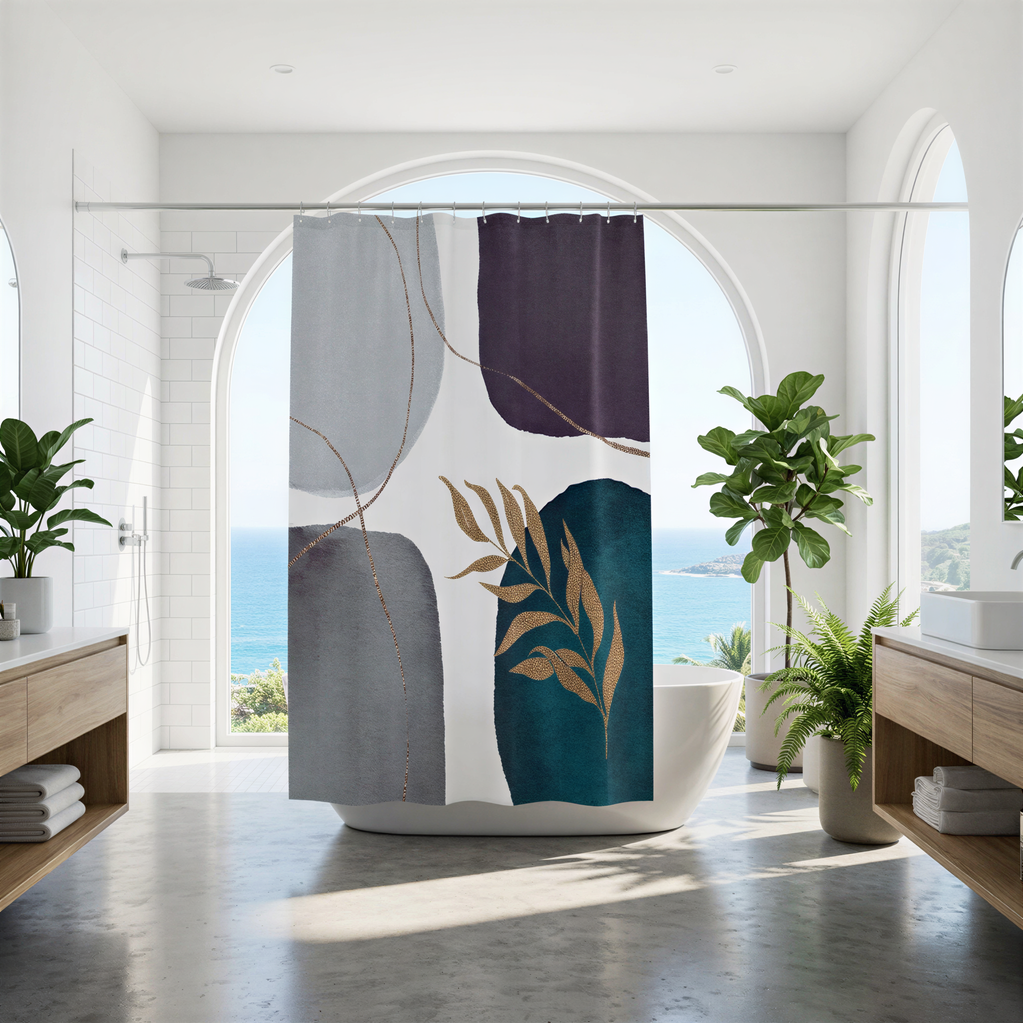 a modern bathroom with a large window overlooking the ocean, featuring a shower curtain with abstract geometric patterns in shades of gray, purple, and green.