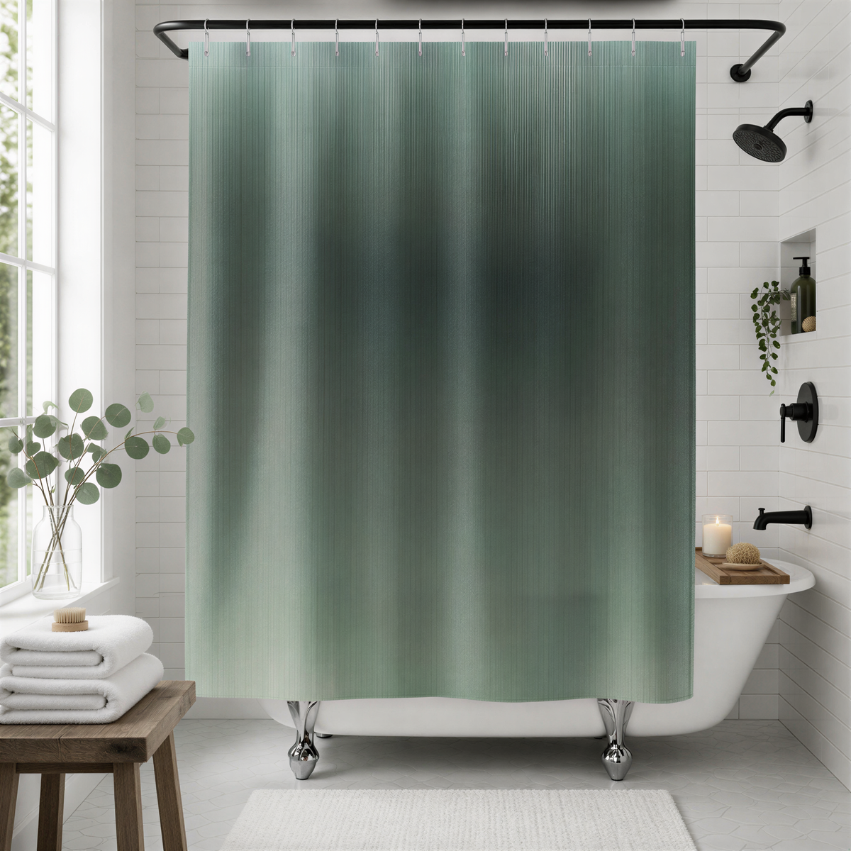 a bathroom with a white bathtub, a green shower curtain, and a wooden stool.