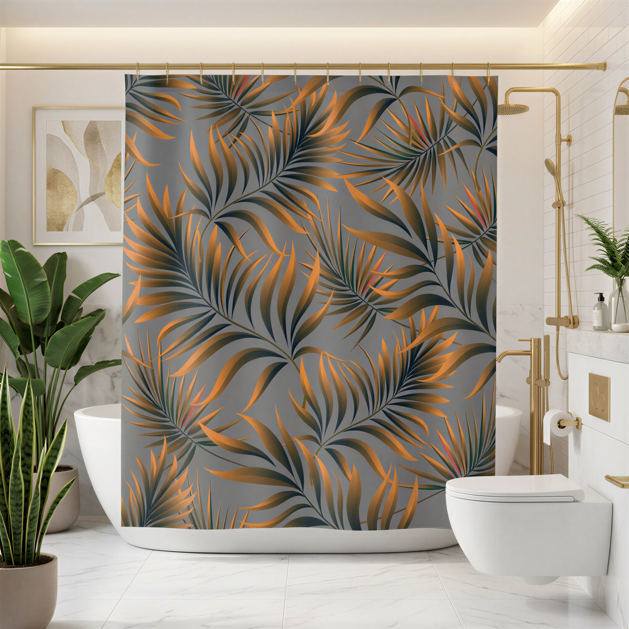 a modern bathroom with a shower curtain adorned with a tropical leaf pattern in shades of orange and green. The bathroom is well-decorated with potted plants and a toilet, creating a serene and luxurious atmosphere.