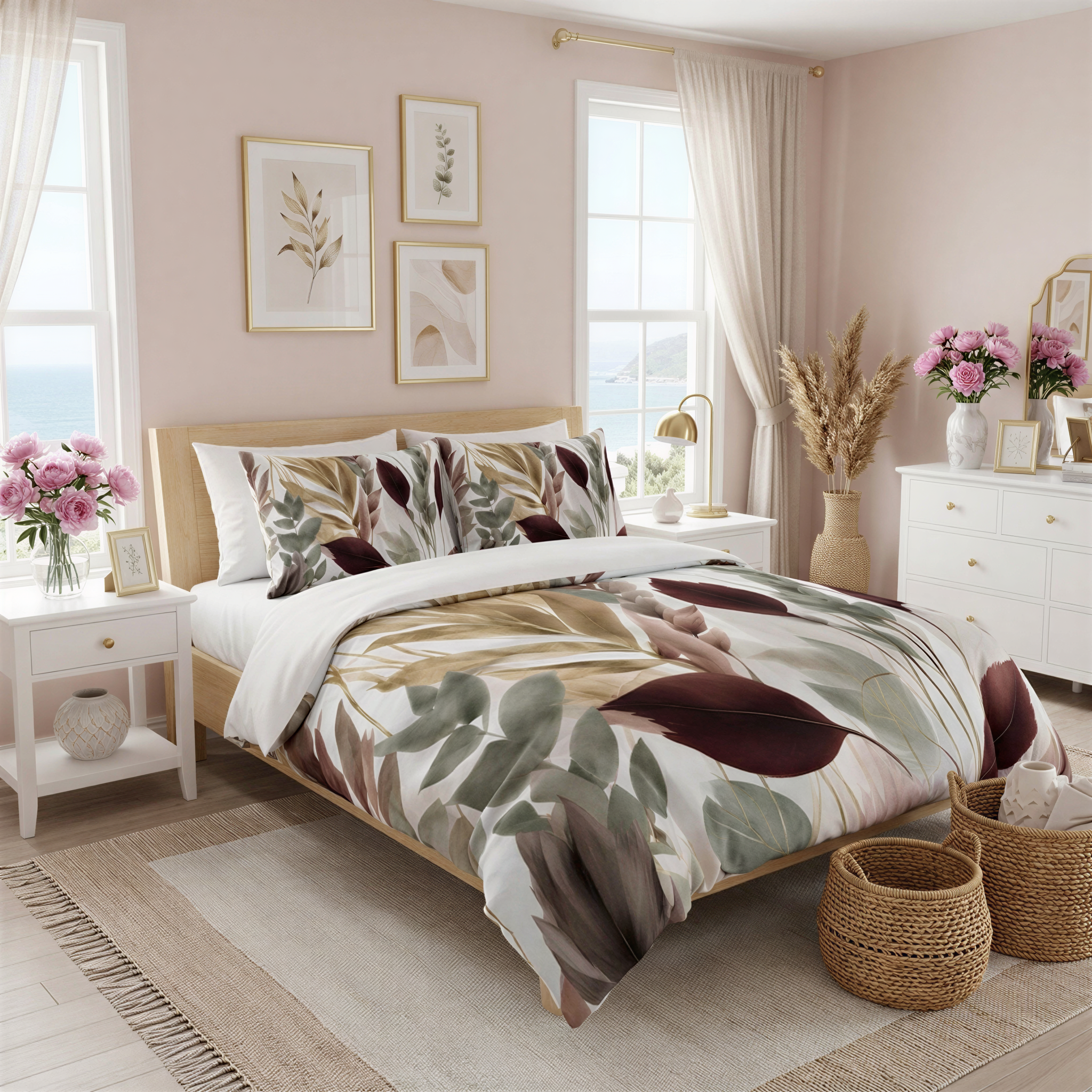 a well-decorated bedroom with a large bed, white furniture, and a large window overlooking the ocean. The room has a neutral color palette with a floral print bedspread and matching pillows. The room is adorned with framed artwork and decorative items, creating a cozy and inviting atmosphere.
