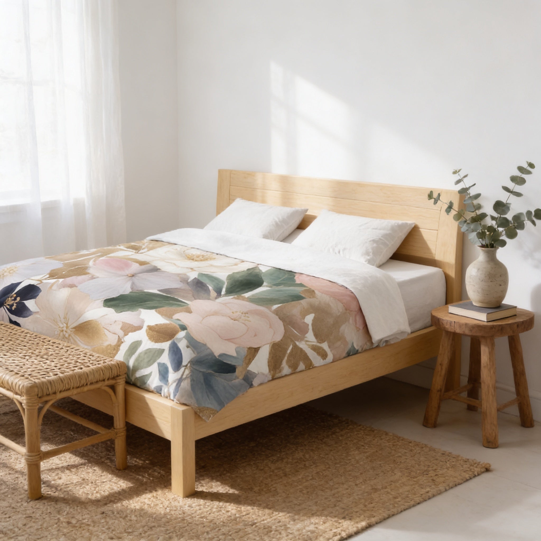 a cozy bedroom with a wooden bed frame, a woven bench, and a small side table with a vase of greenery. The room has a white color scheme and features a rug on the floor.