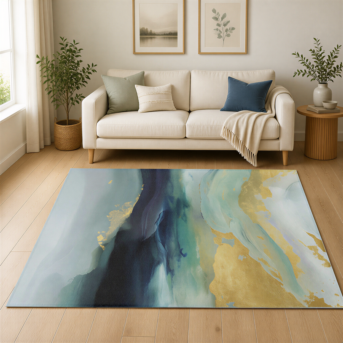 a living room with a white sofa, a large abstract rug with blue and gold colors, and two potted plants. The room has a minimalist and modern design, with a large window providing natural light.