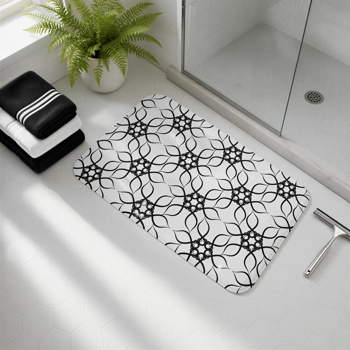 a bathroom with a black and white patterned bath mat, a stack of towels, a potted plant, and a glass shower door.