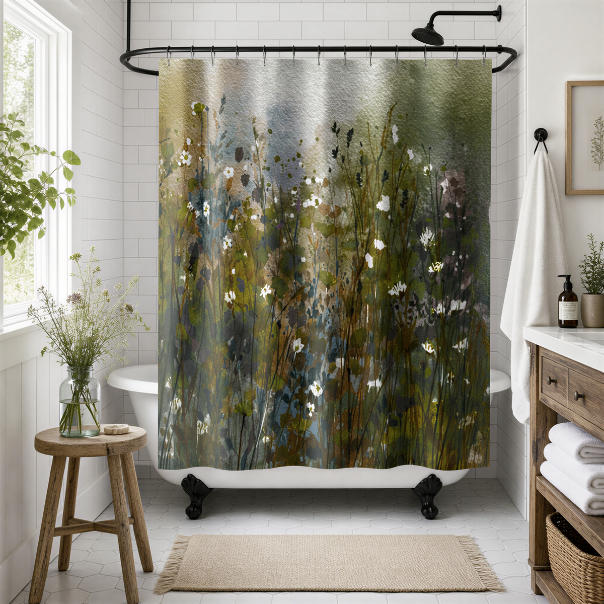 a bathroom with a white bathtub, a shower curtain featuring a floral design, and a wooden stool. The bathroom has white tile walls and a beige rug on the floor.