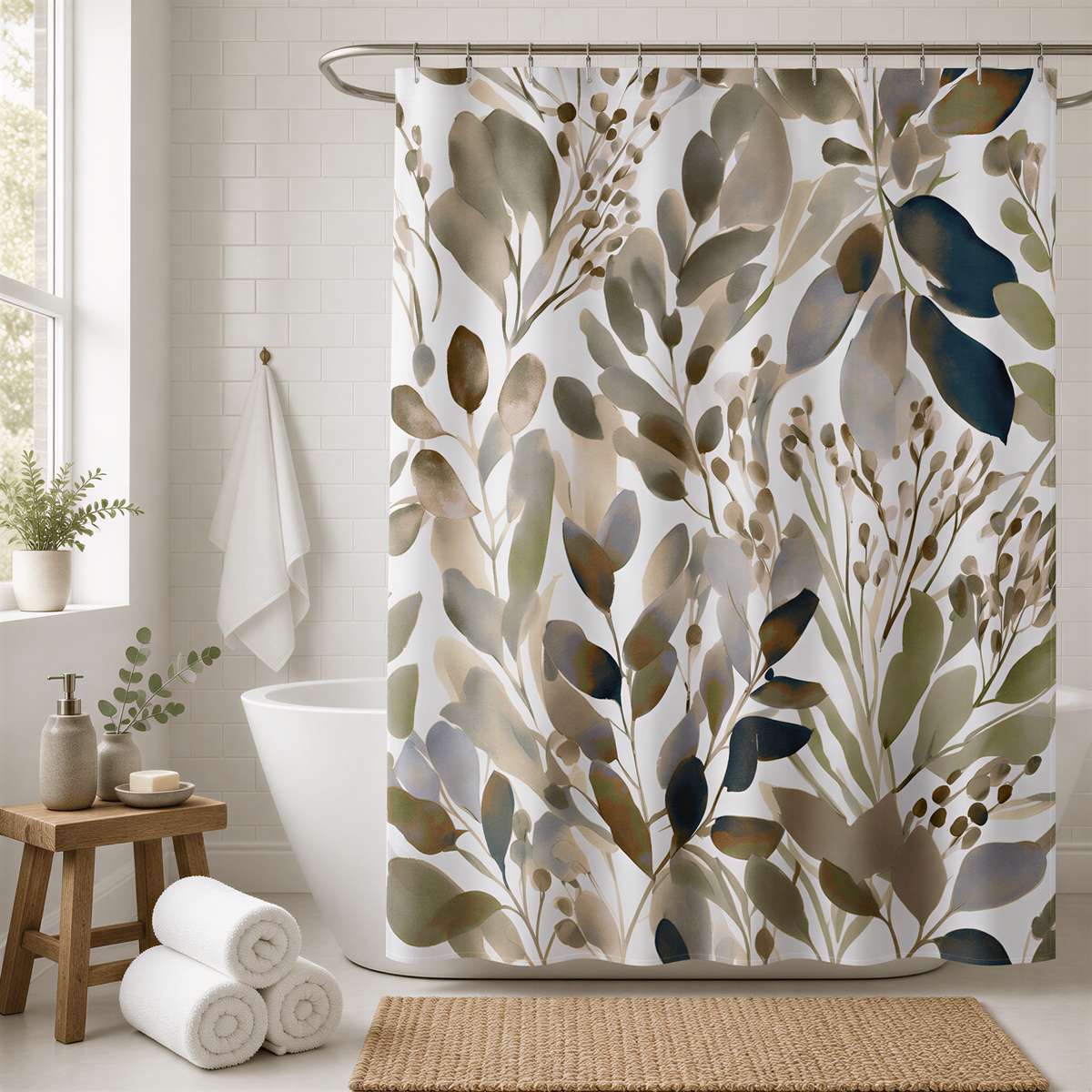 a bathroom with a shower curtain adorned with a leafy, floral pattern in shades of green, brown, and gray. The shower curtain is hanging from a rod, and there is a wooden stool nearby. The bathroom also includes a window, a sink, and a rug on the floor.