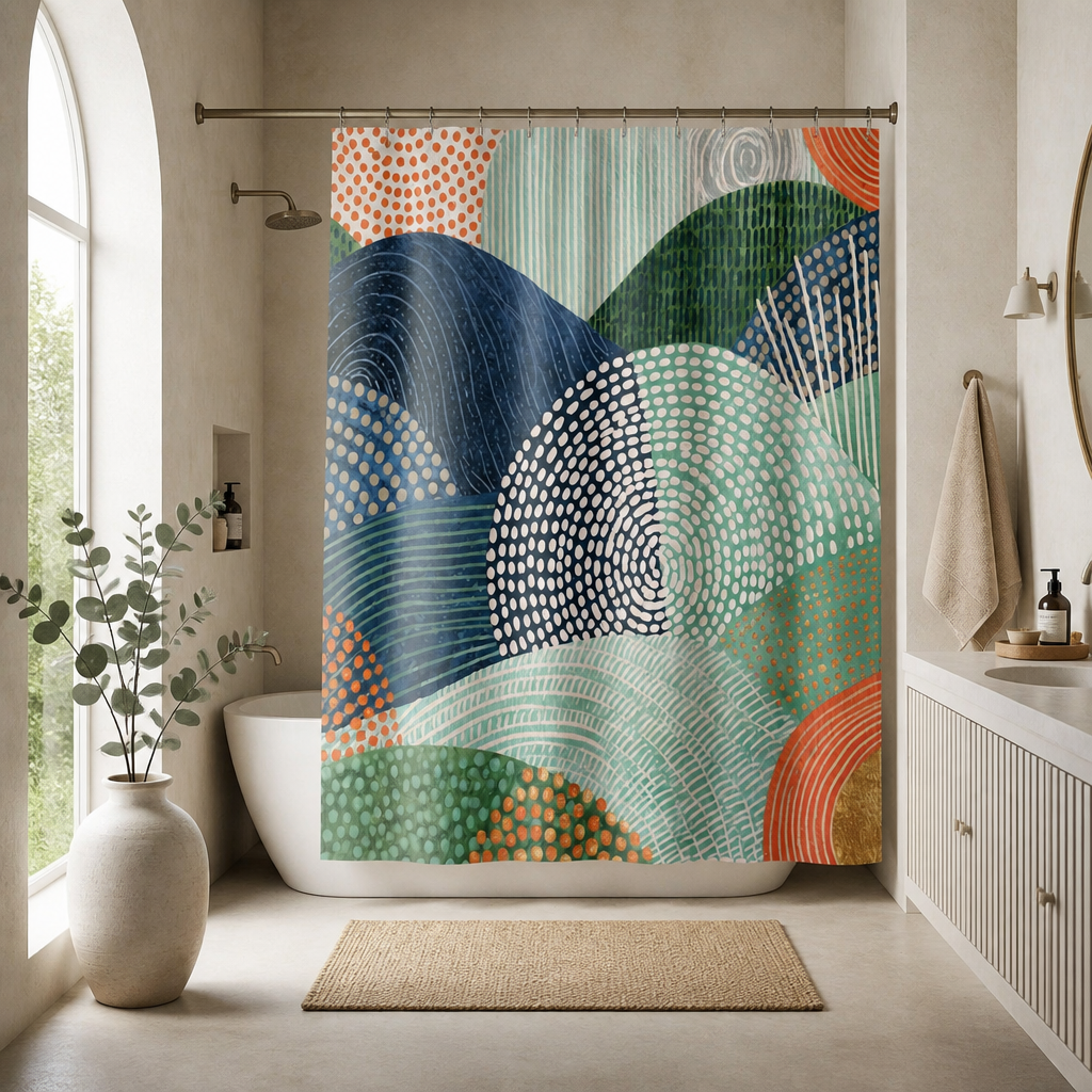 Navy Sage Abstract Hills Shower Curtain, Bath Curtain 71x74