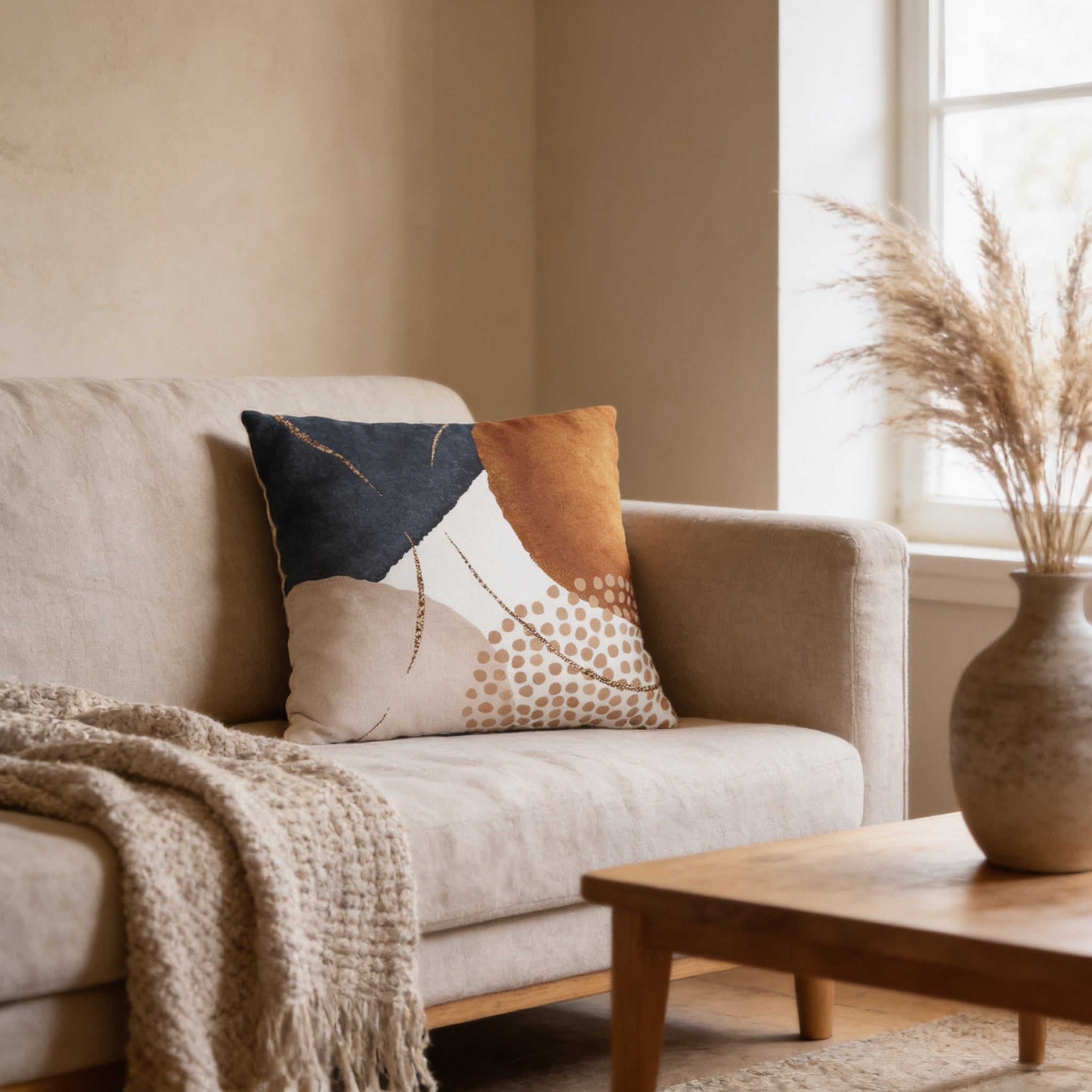 a cozy living room with a beige sofa, a wooden coffee table, and a decorative throw pillow with a geometric pattern in shades of blue, orange, and white.