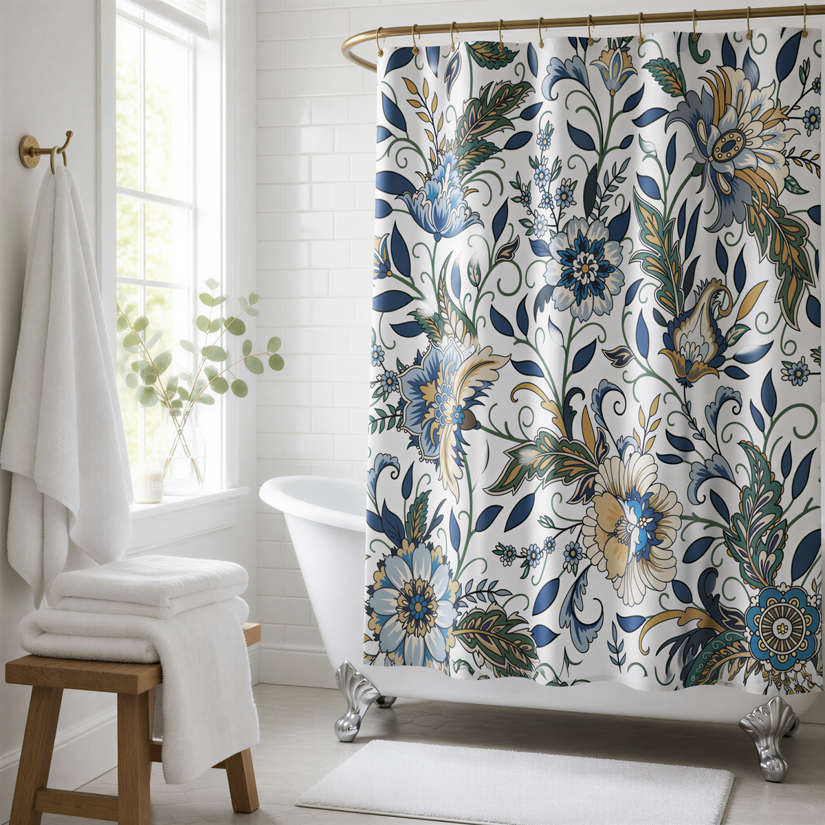 a bathroom with a white bathtub, a floral shower curtain, and a wooden stool.