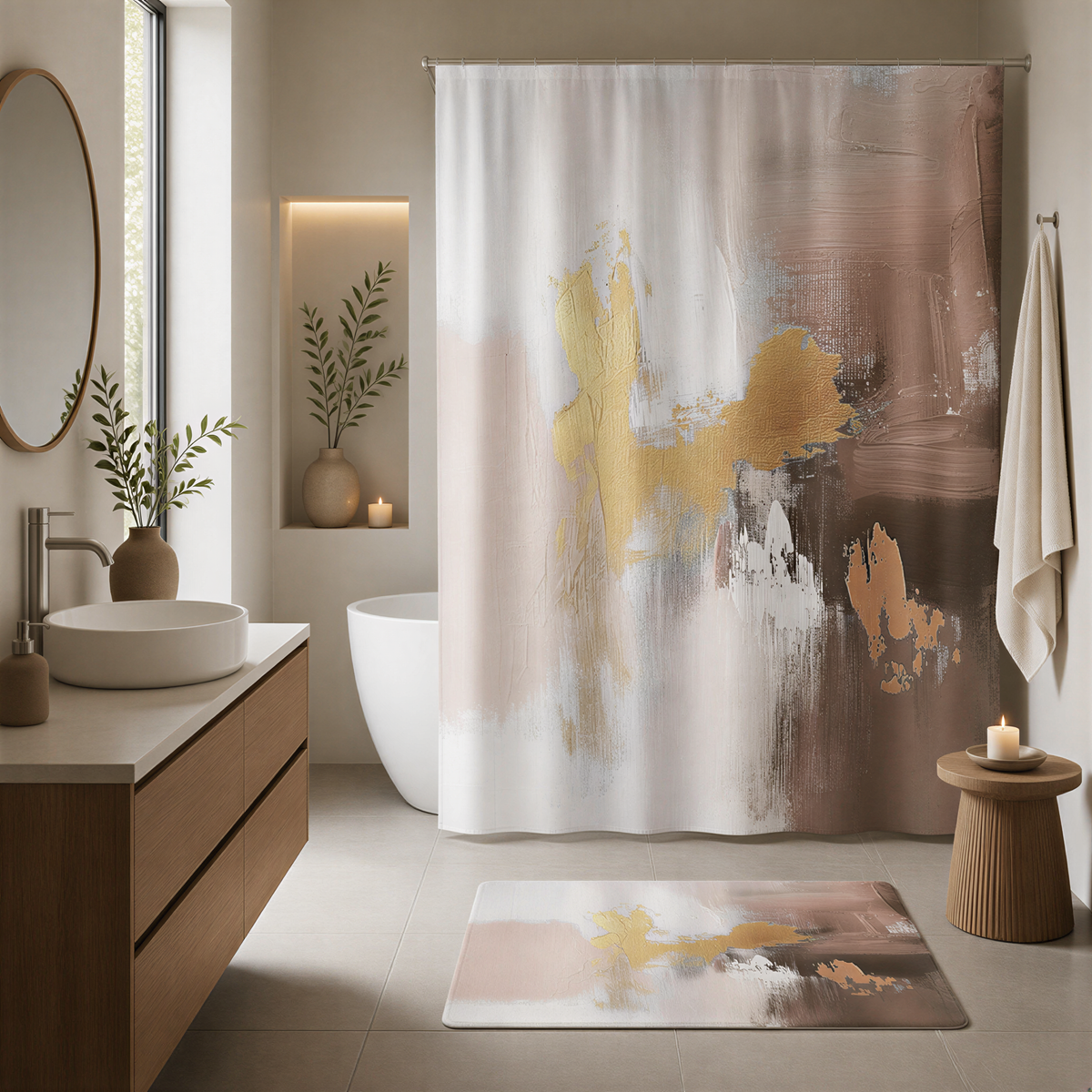a modern bathroom with a large abstract painting on the shower curtain, a white bathtub, a wooden vanity, and a small table with a candle.