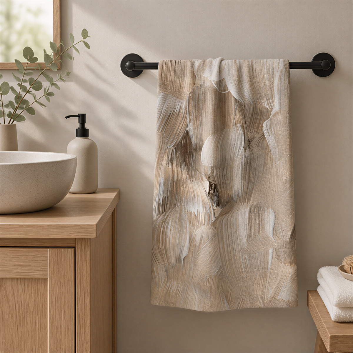 a bathroom with a wooden vanity, a sink, a towel rack, and a plant.