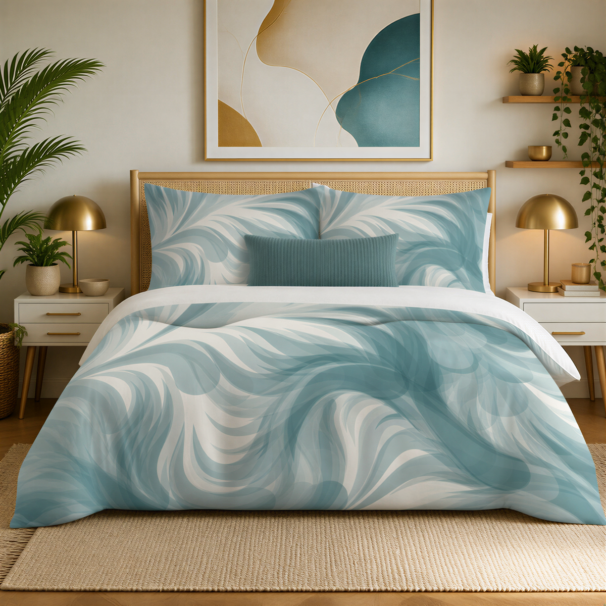 a bedroom with a large bed featuring a blue and white patterned comforter and pillows. The bed is set against a white wall, with a framed artwork hanging above it. The room is decorated with potted plants and other furnishings, creating a cozy and inviting atmosphere.