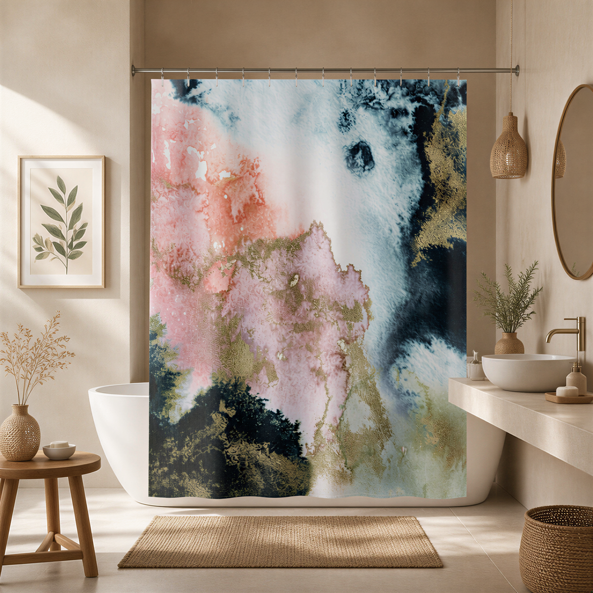 a bathroom with a large abstract painting hanging on the wall above a bathtub. The painting features a mix of pink, blue, and green colors, creating a vibrant and lively atmosphere. The bathroom also includes a sink, a mirror, and a wooden stool, contributing to the overall aesthetic of the space.